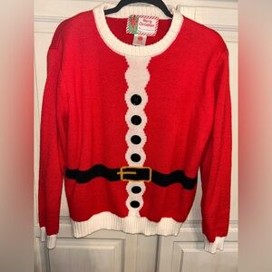 Christmas SANTA Womens Pullover Red Sweater Crew Neck Long Sleeve Buttons Sz Lg